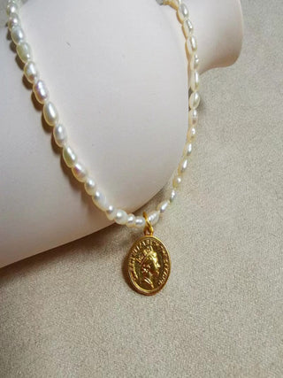 Portrait Gold Coin Freshwater Pearl Necklace